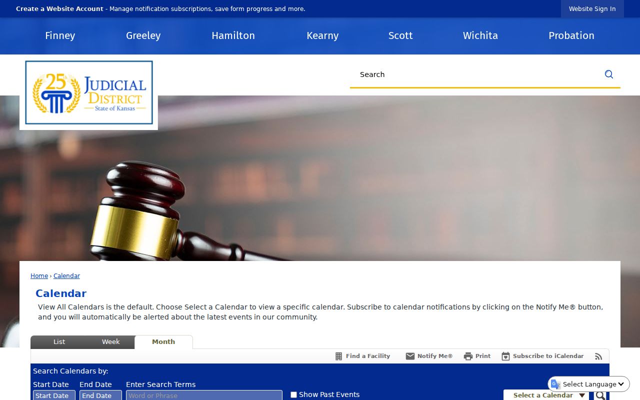 Finney County court calendar selector and event controls