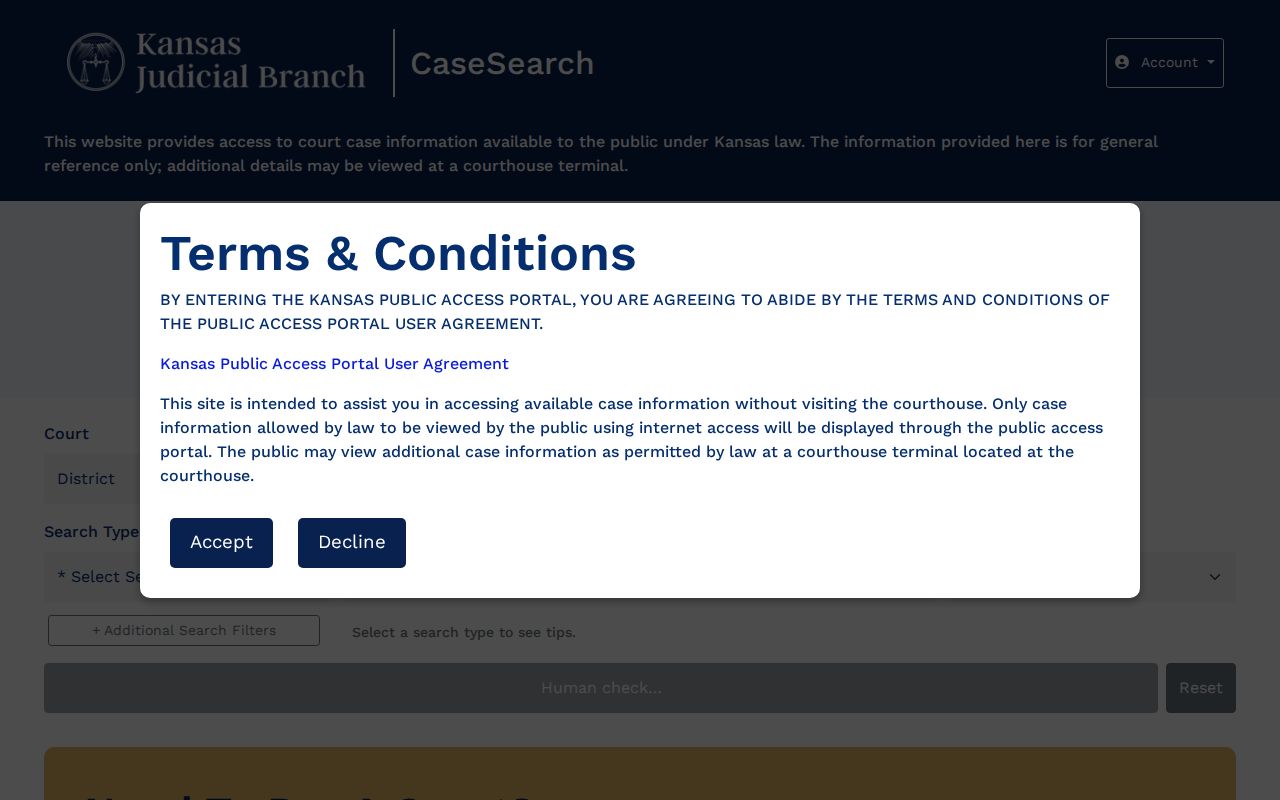 Kansas CaseSearch entry screen for a Finney County court docket search